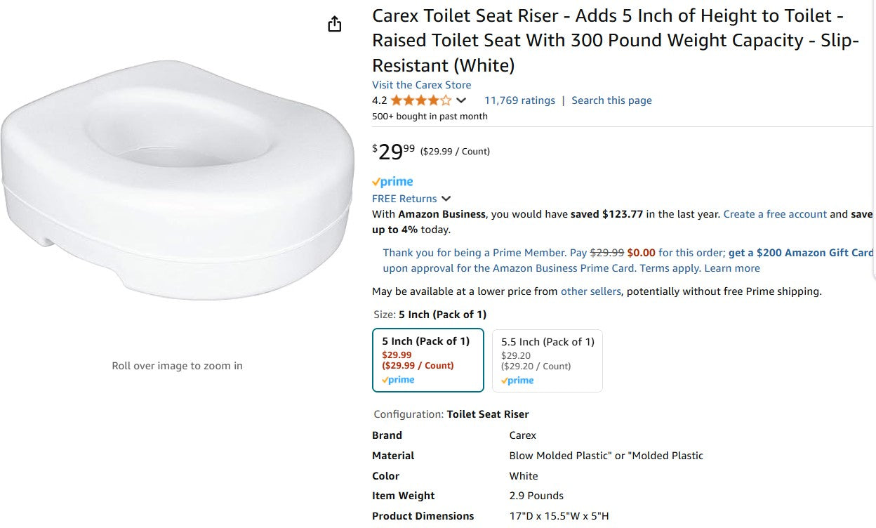 Carex Toilet Seat Riser - Adds 5 Inch of Height to Toilet - Raised Toilet Seat With 300 Pd Capacity