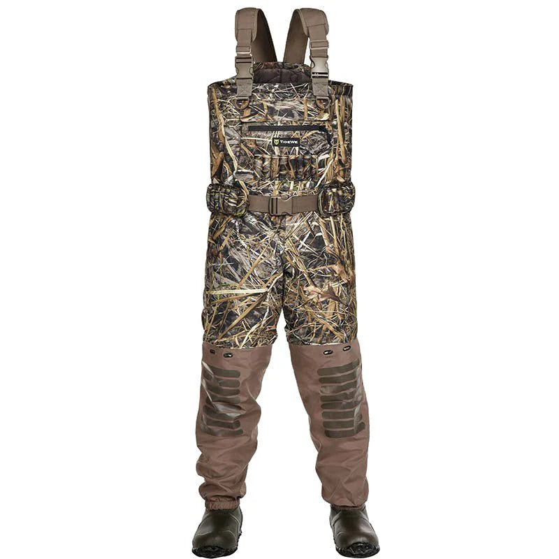 A pair of AquaWade Pro Insulated Duck Waterfowl Hunting Breathable Chest Waders in camouflage pattern with brown boots and insulation.
