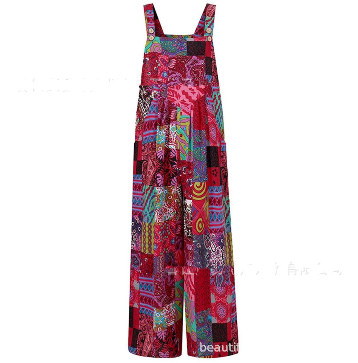 Patchwork Printed Button Suspender Jumpsuit