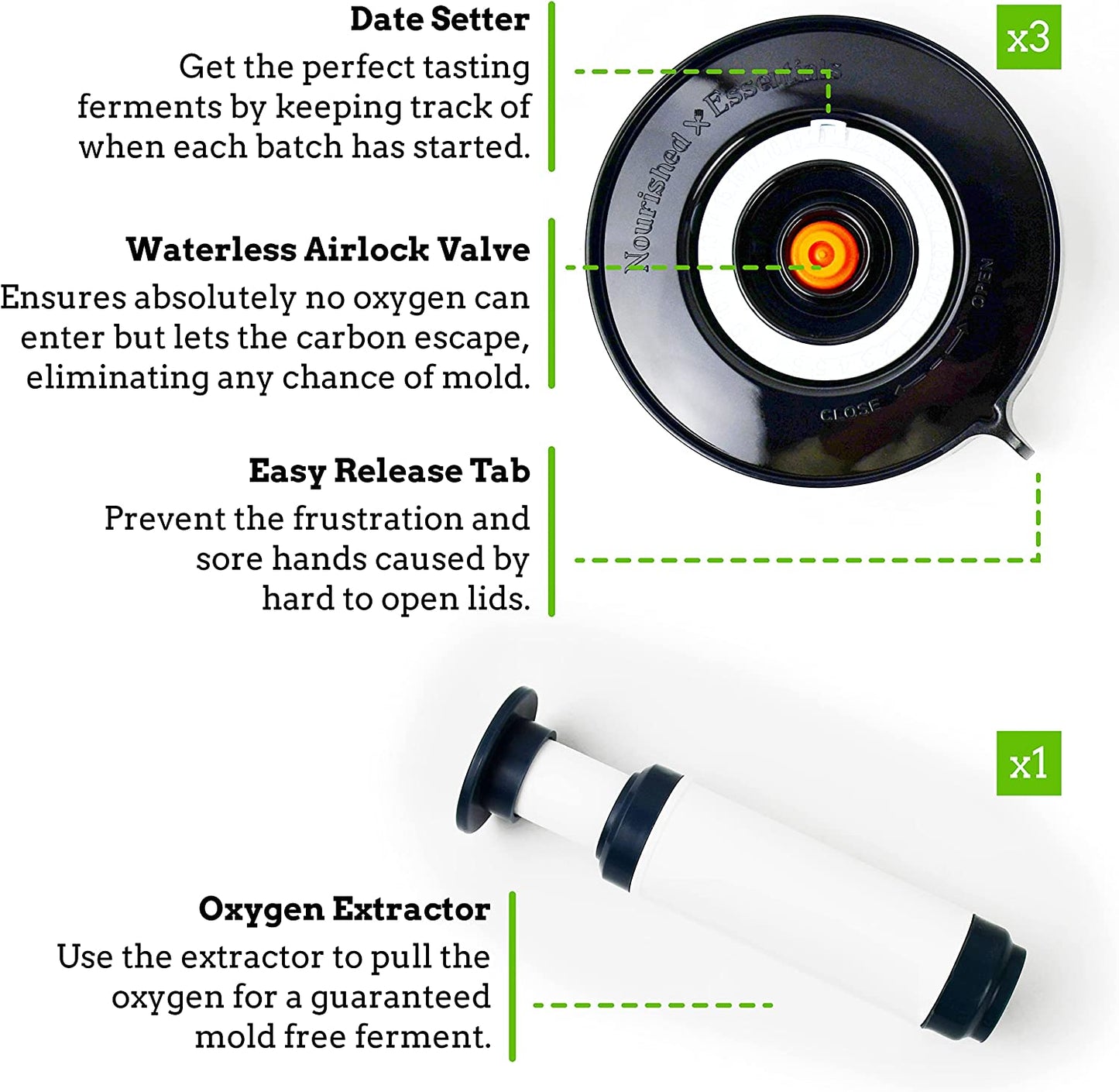 Easy Fermenter Pickling Kit - Airlock Fermentation Lids for Wide Mouth Mason Jars (3 Lids, 1 Pump)