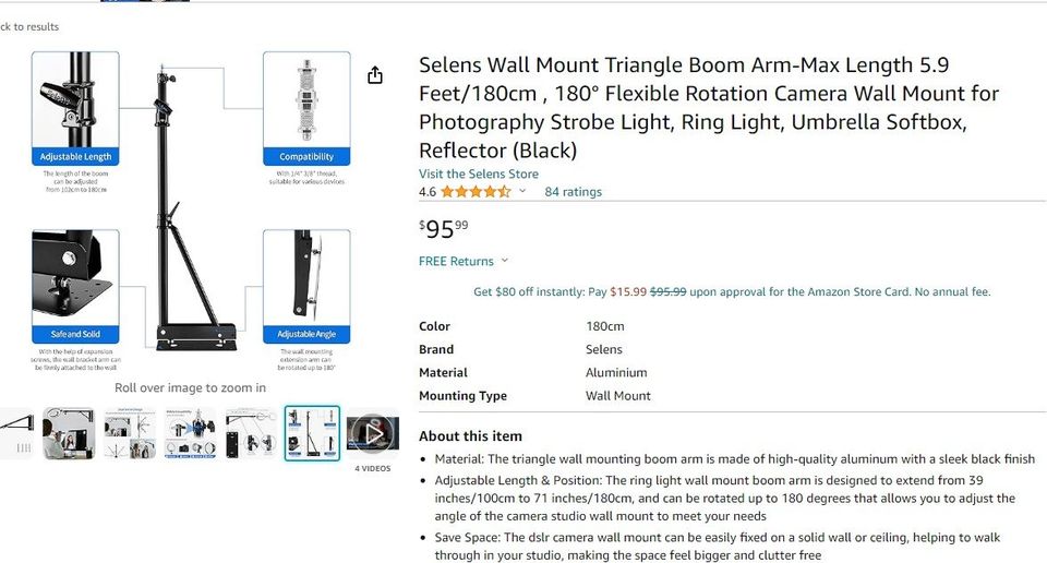 Selens Wall Mount Triangle Boom Arm-Max Length 5.9 Feet