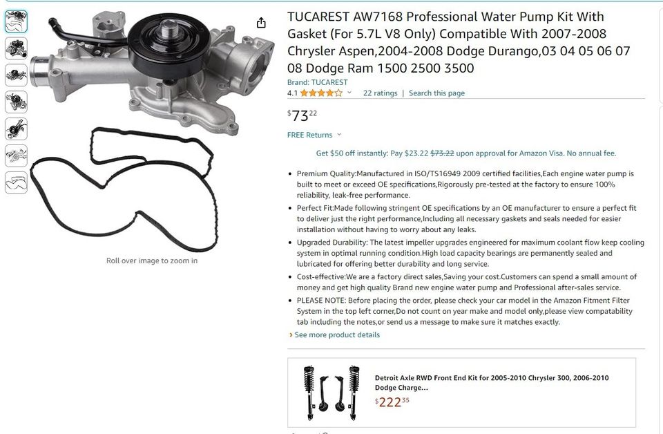 Irontree AW7168 Professional Water Pump Kit With Gasket (For 5.7L V8 Only)