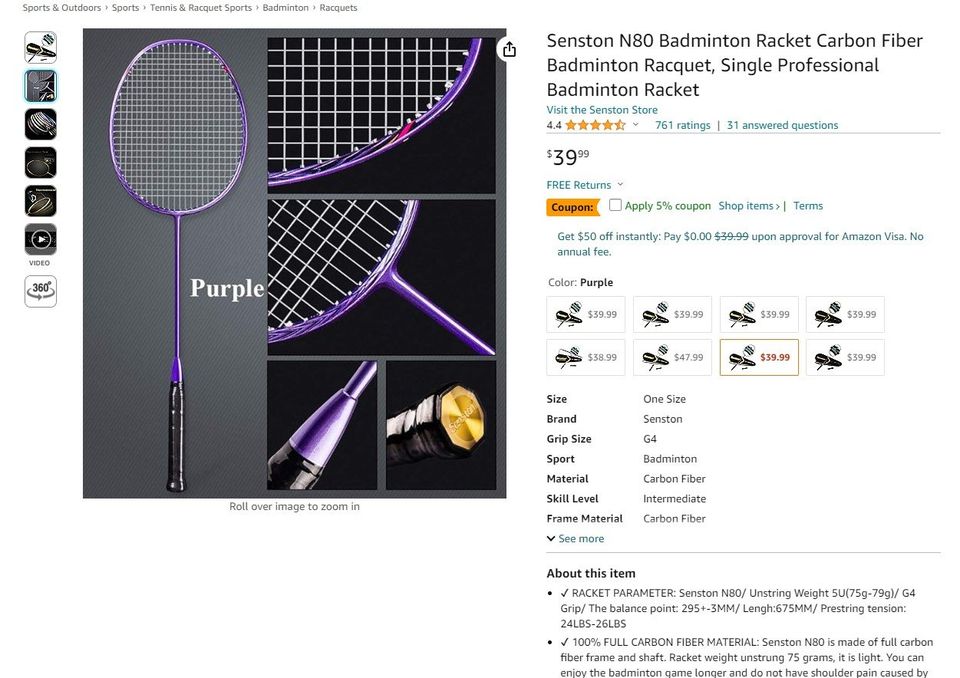 Senston N80 Badminton Racket Carbon Fiber Badminton Racquet