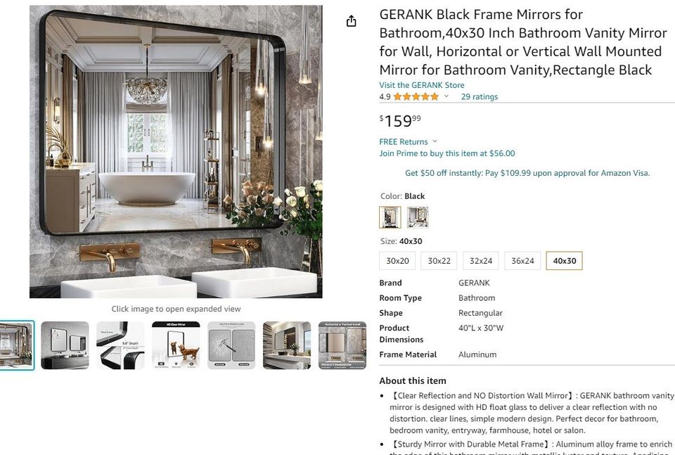 GERANK Black Frame Mirrors for Bathroom,40x30 Inch Bathroom Vanity Mirror