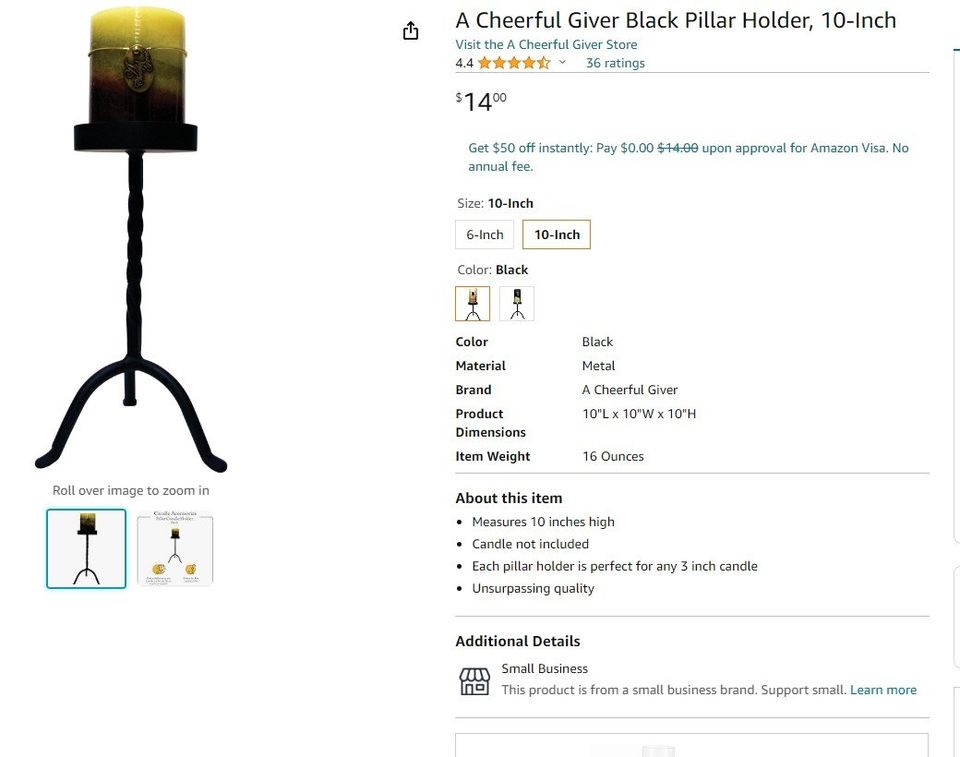 A Cheerful Giver Black Pillar Holder, 10-Inch