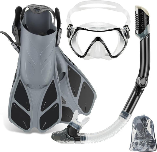 Mask Fin Snorkel Set, Travel Size Snorkeling Gear for Adults with Panoramic View Anti-Fog Mask