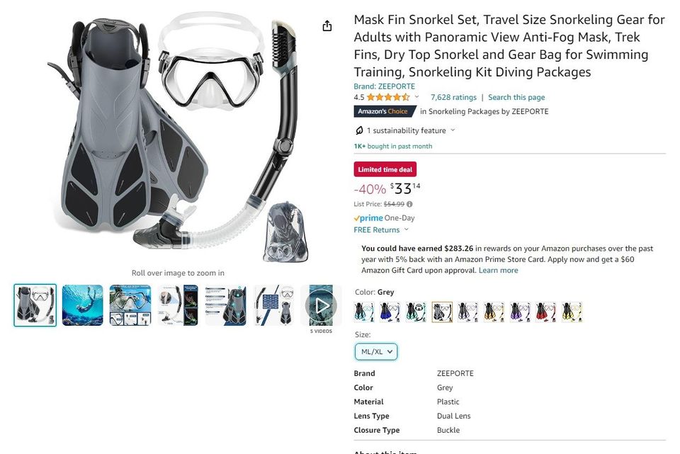 Mask Fin Snorkel Set, Travel Size Snorkeling Gear for Adults with Panoramic View Anti-Fog Mask