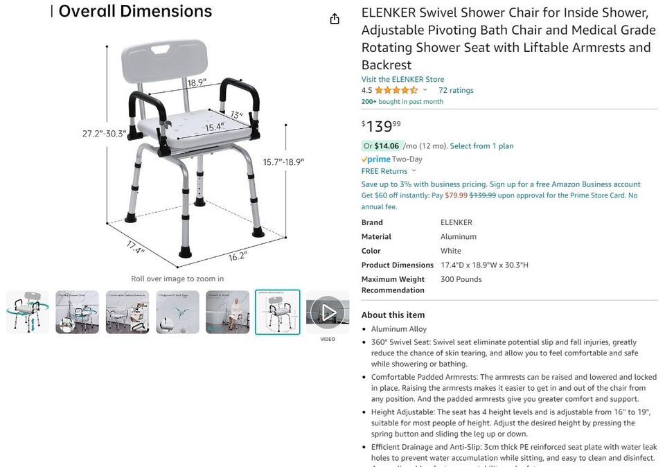 ELENKER Swivel Shower Chair for Inside Shower, Adjustable Pivoting Bath Chair