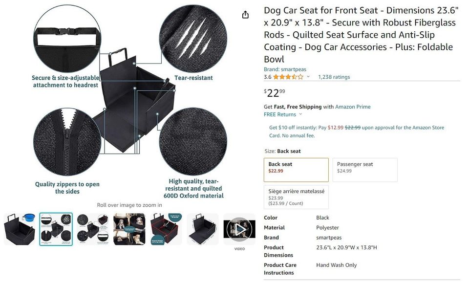 Dog Car Seat for Front Seat - Dimensions 23.6" x 20.9" x 13.8"