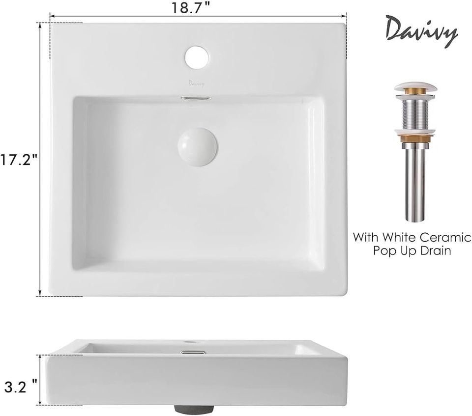 Davivy 18.7''X 17.2'' Rectangle Vessel Sink with Pop Up Drain,Bathroom Vessel Sinks