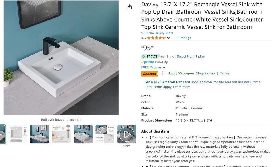 Davivy 18.7''X 17.2'' Rectangle Vessel Sink with Pop Up Drain,Bathroom Vessel Sinks