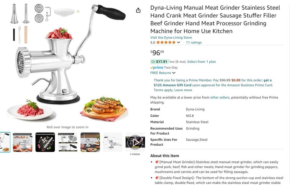 Dyna-Living Manual Meat Grinder Stainless Steel Hand Crank Meat Grinder Sausage Stuffer