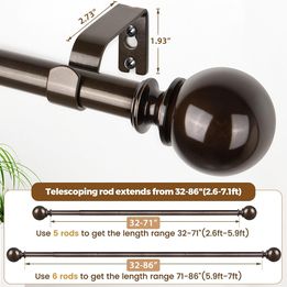 KAMANINA Curtain Rods for Windows 48 to 84 Inches, Bronze Curtain Rod 32 to 86 Inches