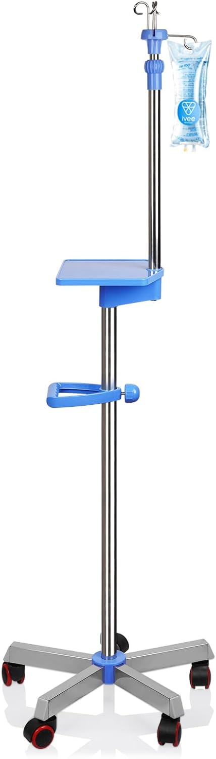 Medical IV Pole with Wheels - Stainless Steel Adjustable 57" to 79" Height IV Stand with Tray