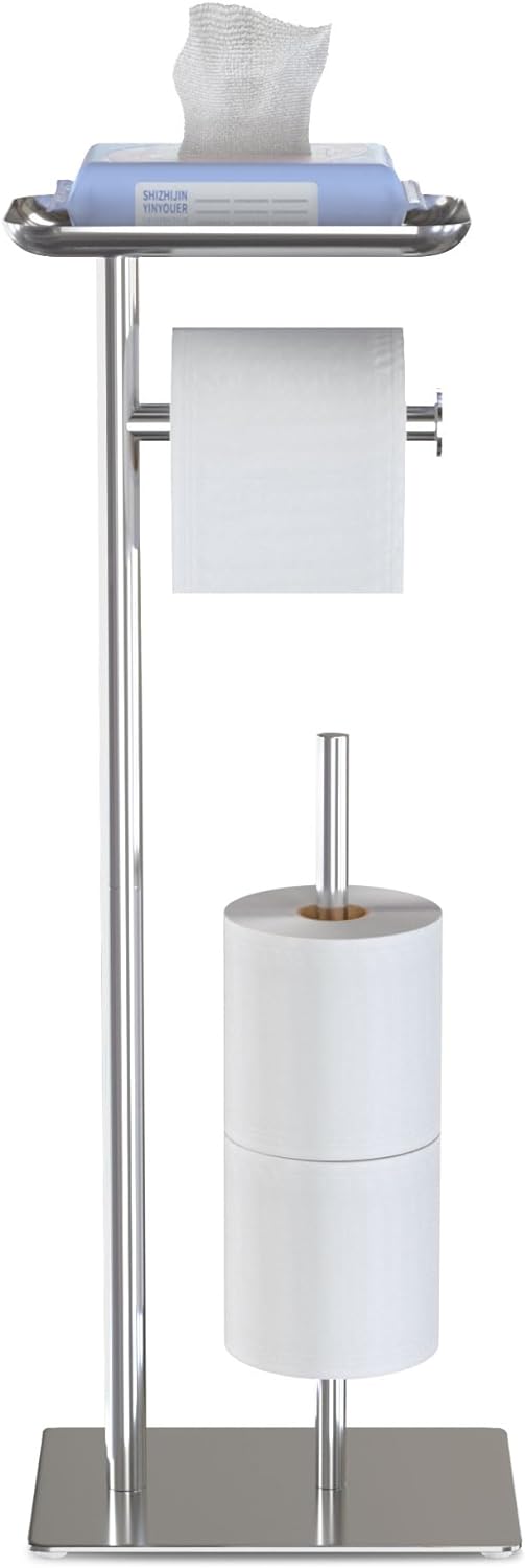 Toilet Paper Holder Stand with Top Storage Shelf, Free Standing Toilet Roll Dispenser