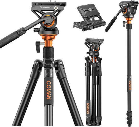 Fluid Head Tripod, COMAN Video Camera Tripod Monopod Aluminium Alloy 70.8 inch Detachable