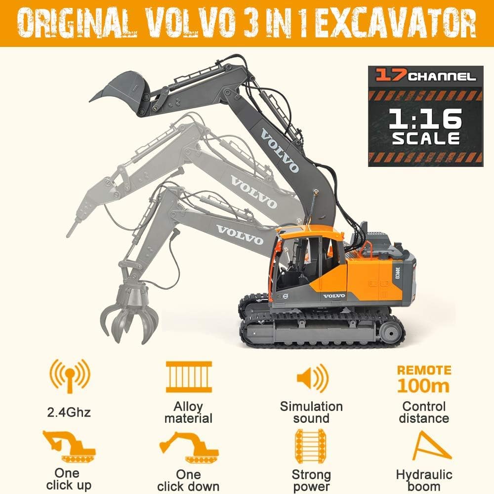 DOUBLE E Volvo RC Excavator 17 Channel 3 in 1 Construction Toys