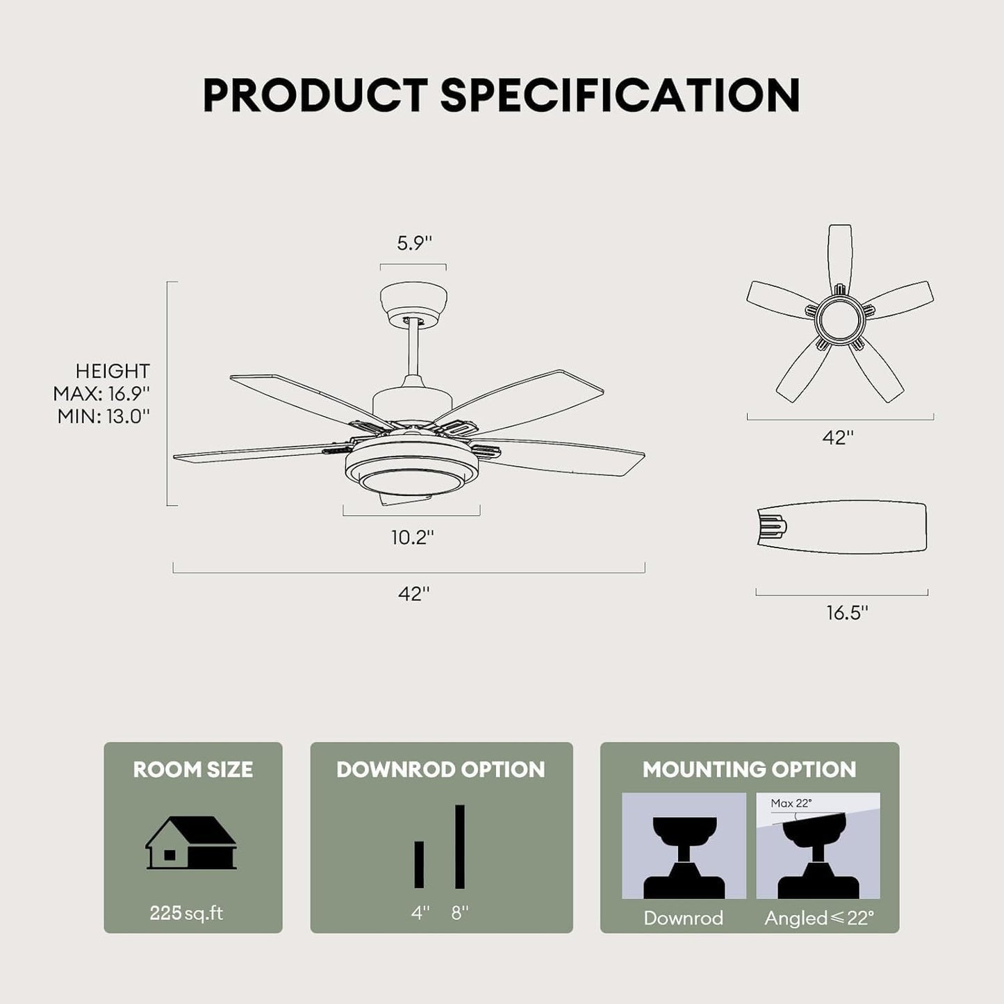 42 Inch Nickel Ceiling Fans with Lights and Remote Control for Bedroom