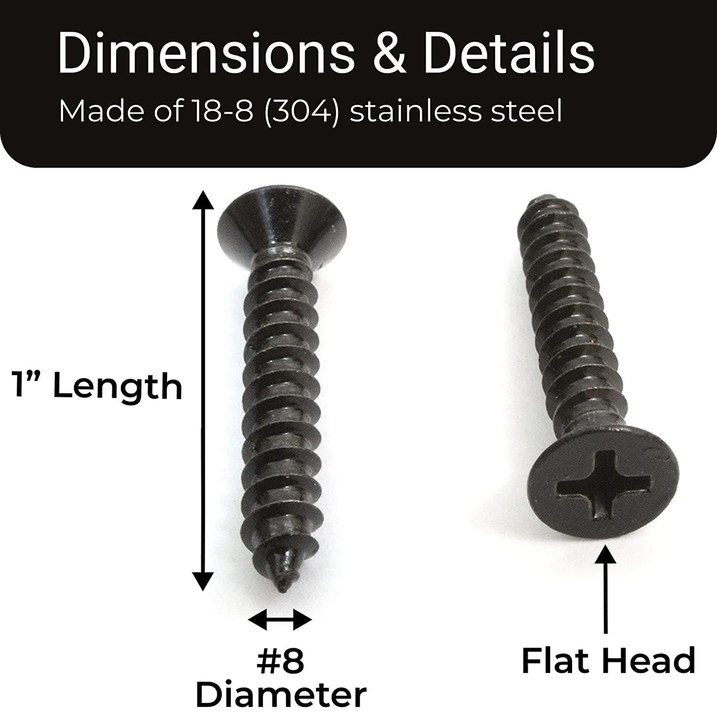 #8 x 1" Black Screws, Xylan Coated Stainless Flat Head Screw