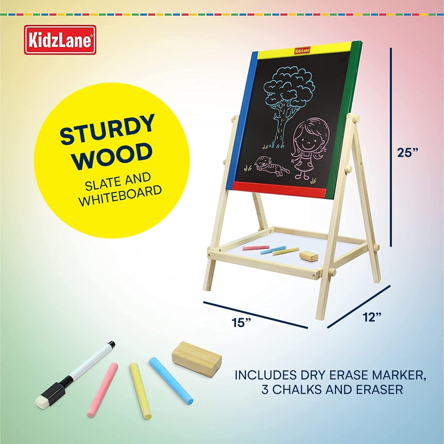 a wooden easel with chalk and markers