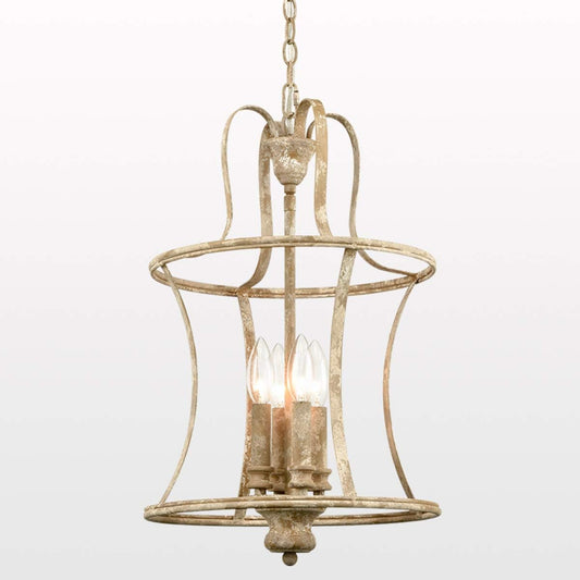 French Country Lantern Chandelier 4-Light Distressed White Pendant Light