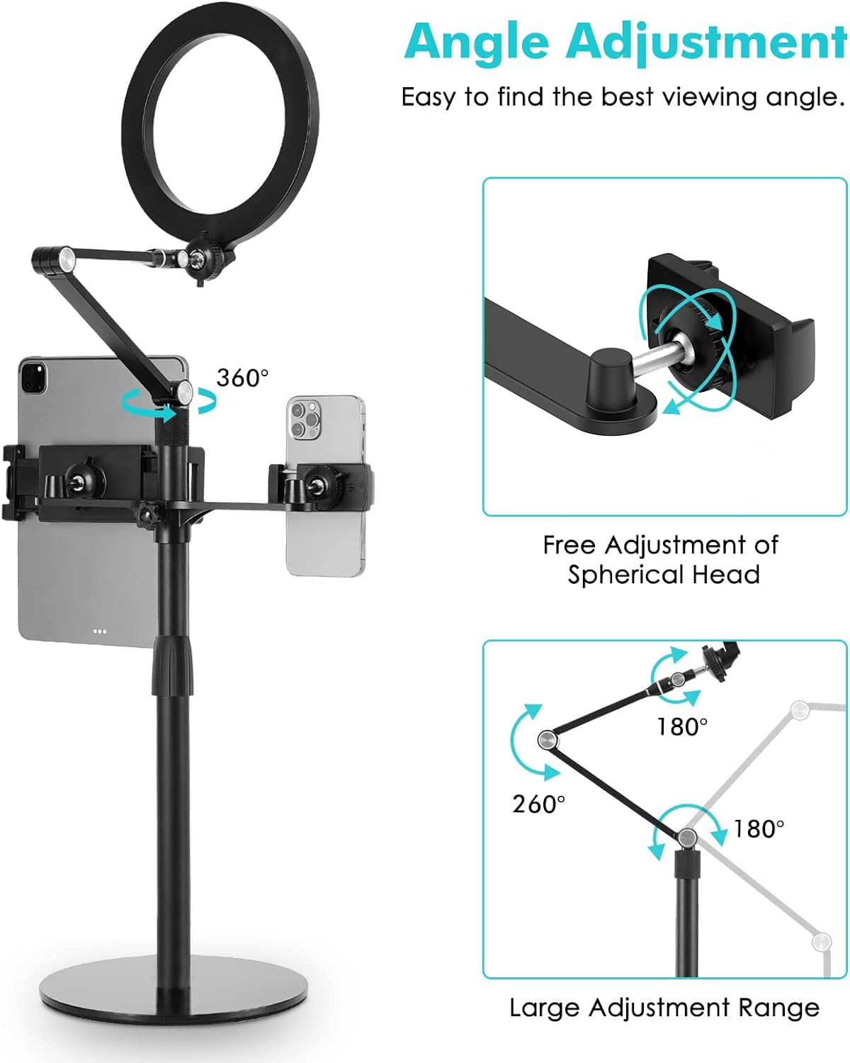 viozon 3-in-1 Selfie Desktop Live Stand, Height Adjustable/Overhead, 8" LED Ring Light