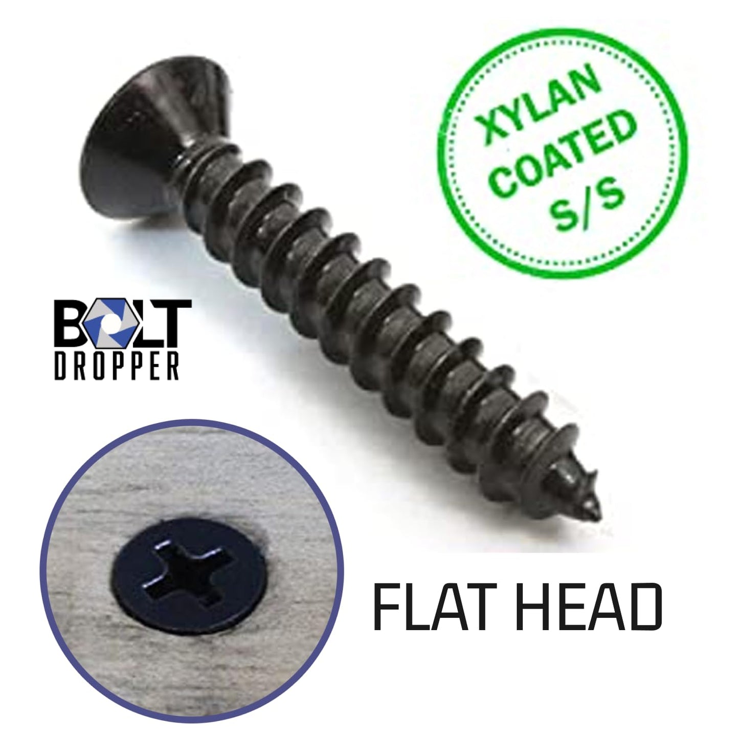 #8 x 1" Black Screws, Xylan Coated Stainless Flat Head Screw