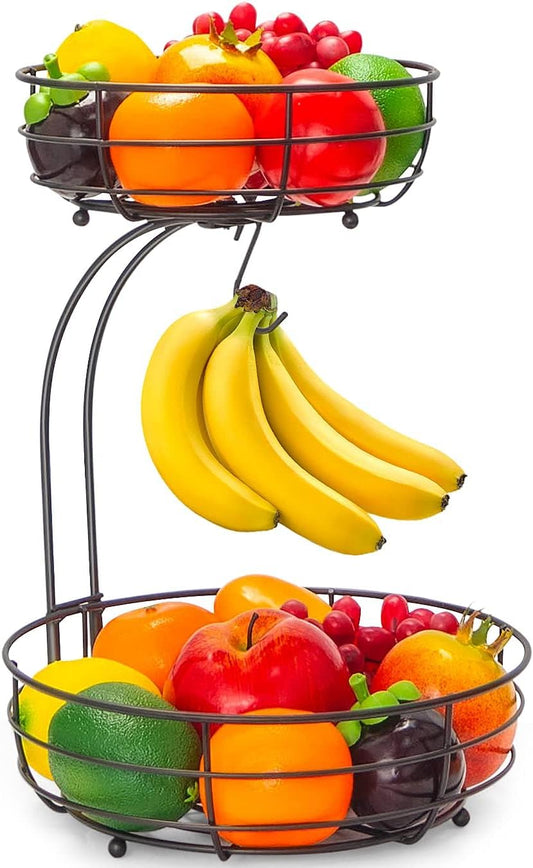 Auledio 2-Tier Countertop Fruit Vegetables Basket Bowl Storage With Banana Hanger