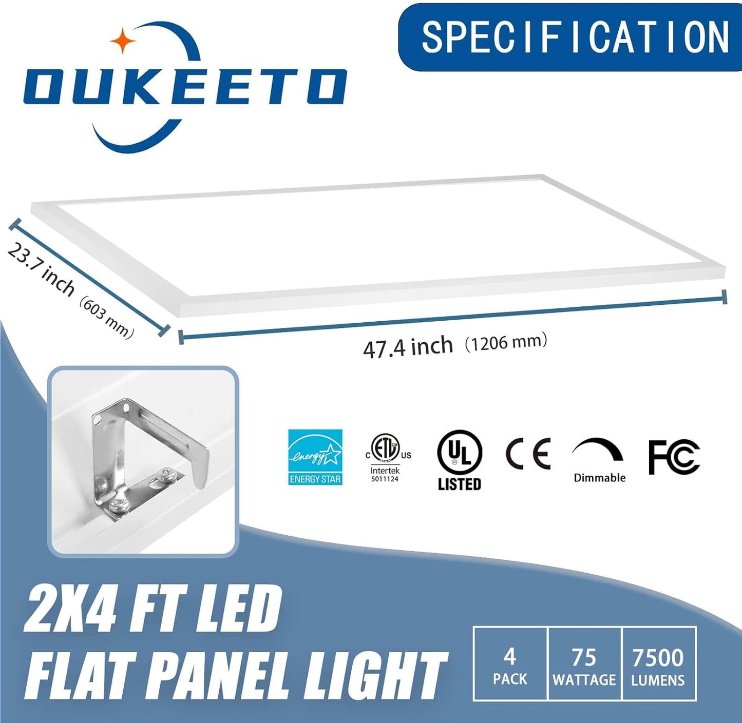 2X4 FT LED Flat Panel Light Fixture - 75W, 7500LM, 3000K/4000K/5000K Color Temperature Adjustable