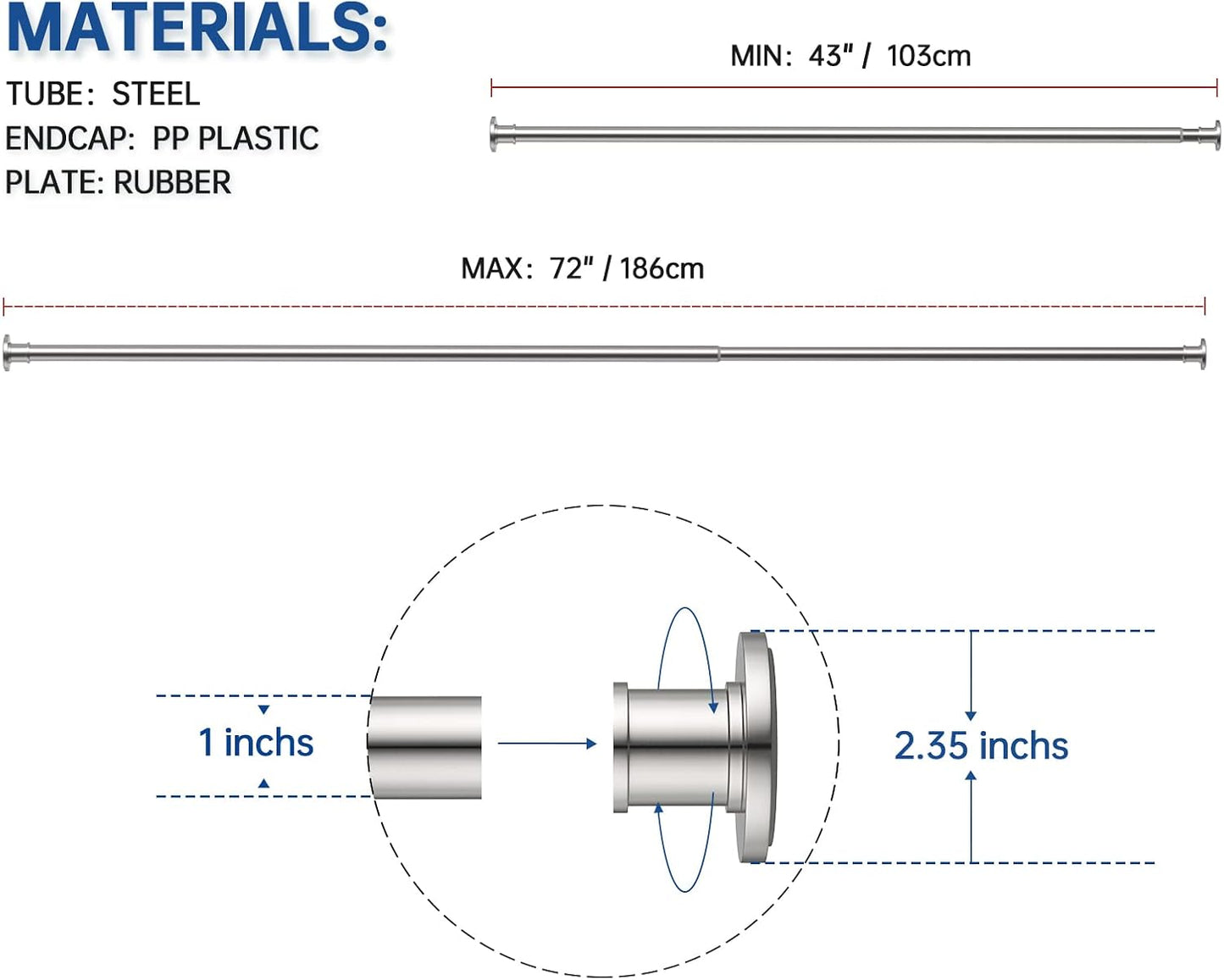 BRIOFOX Industrial Shower Curtain Rod - Never Rust Non-Slip 43-72 Inch