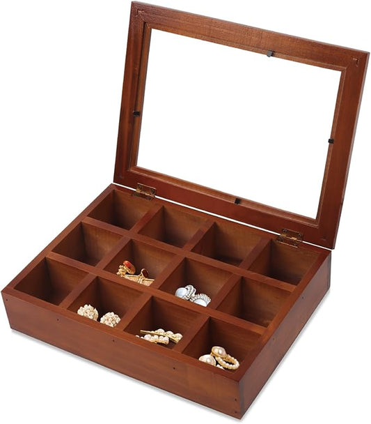 Lainrrew 12 Grid Wooden Jewelry Box, Vintage Display Case Jewelry Display Showcase