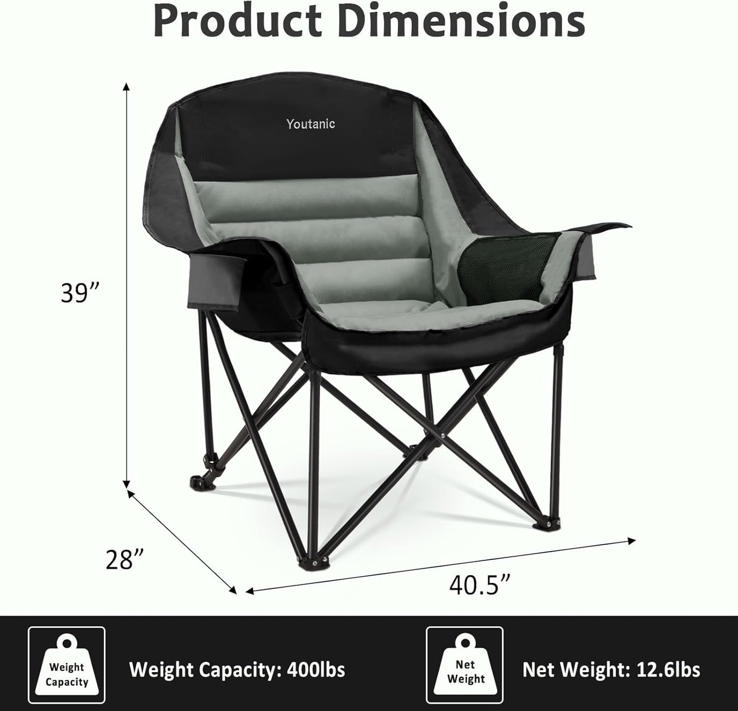 Oversized Camping Chair, Portable Folding Camping Chairs with Side Pocket