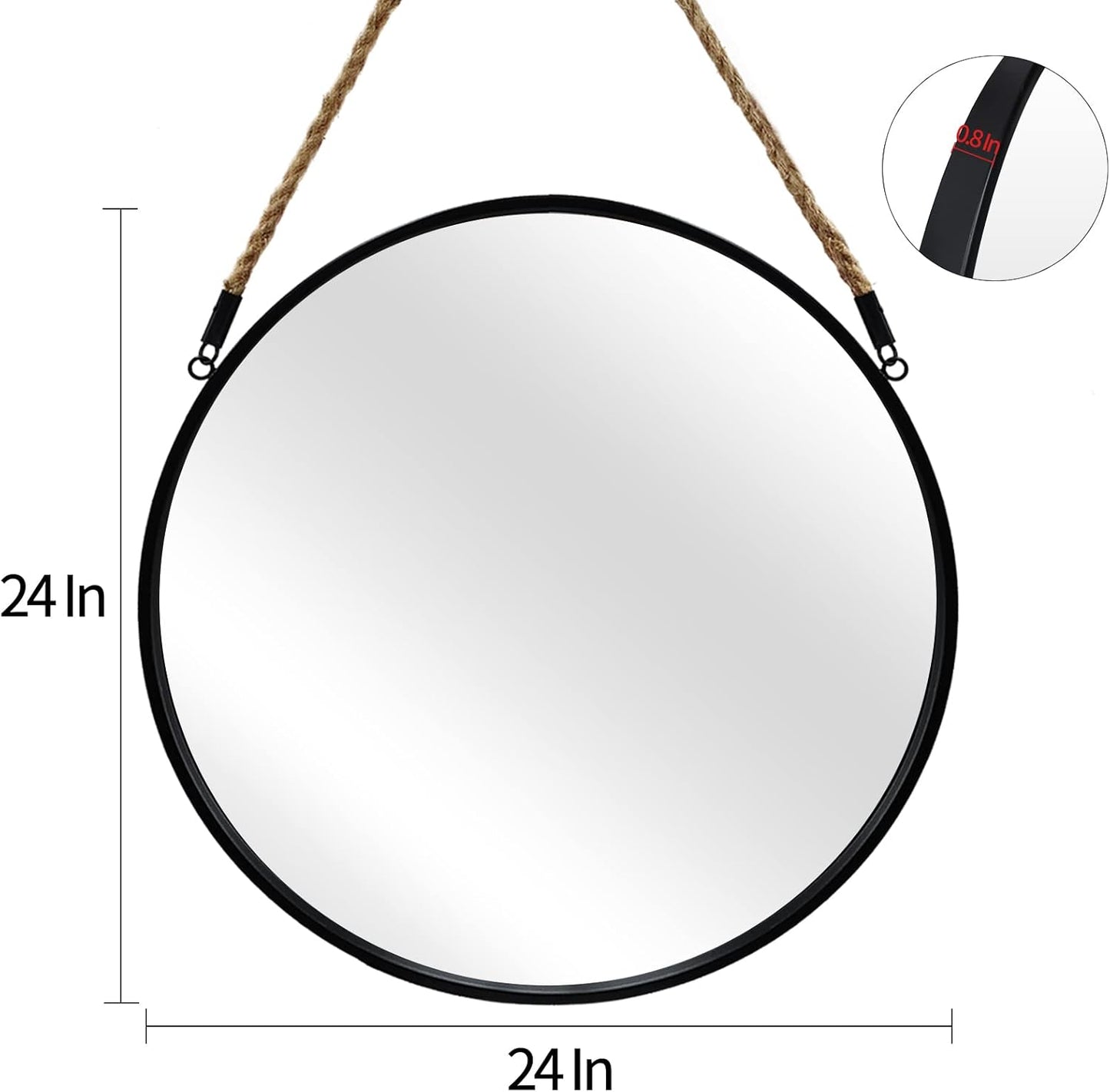 POZINO Large Round Hanging Rope Mirror, Circle Wall Mirror, 24 Inch Black Frame