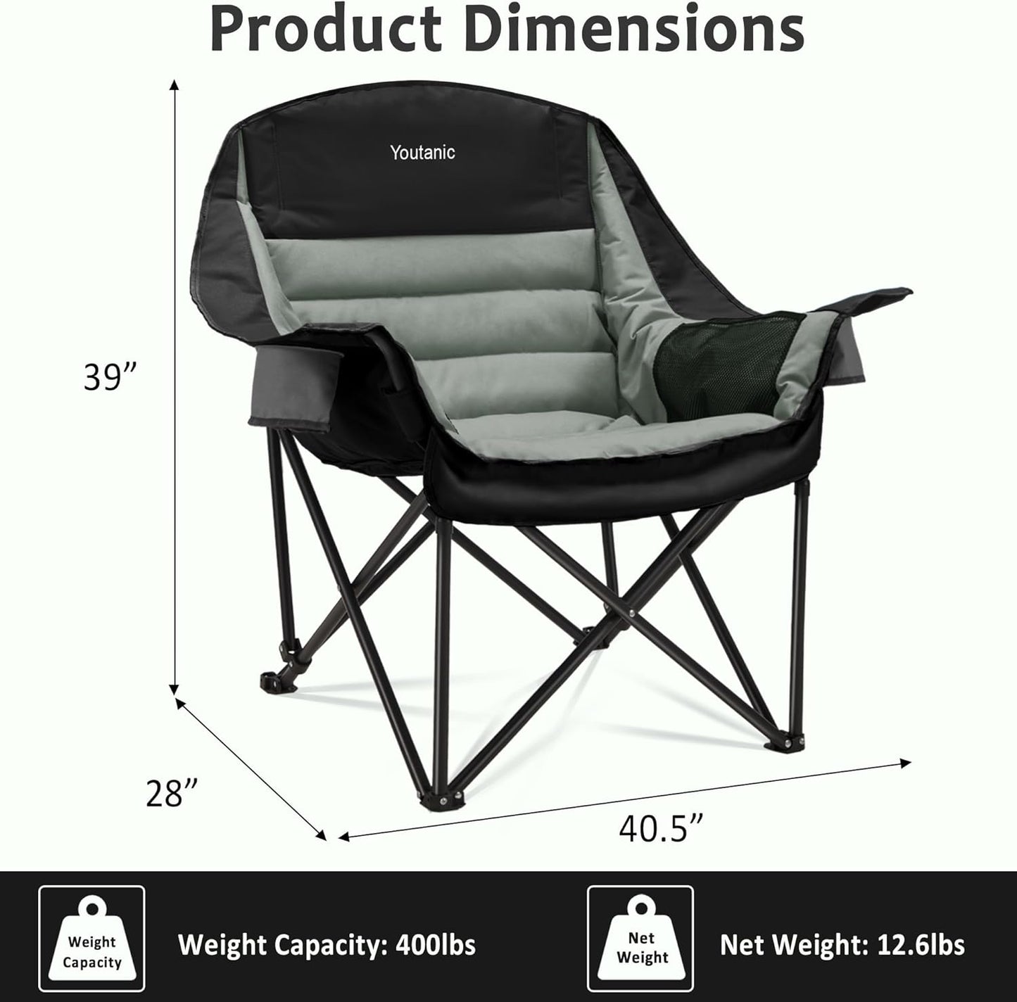 Oversized Camping Chair, Portable Folding Camping Chairs with Side Pocket, Cup Holder and Carry Bag