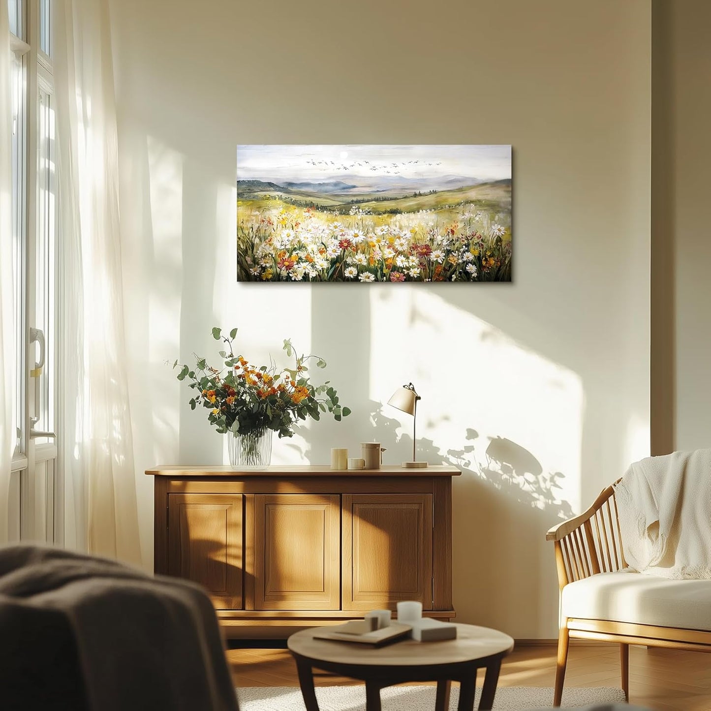 SERIMINO Green Rustic Landscape Wall Art, Mountain Floral Field Large Artwork