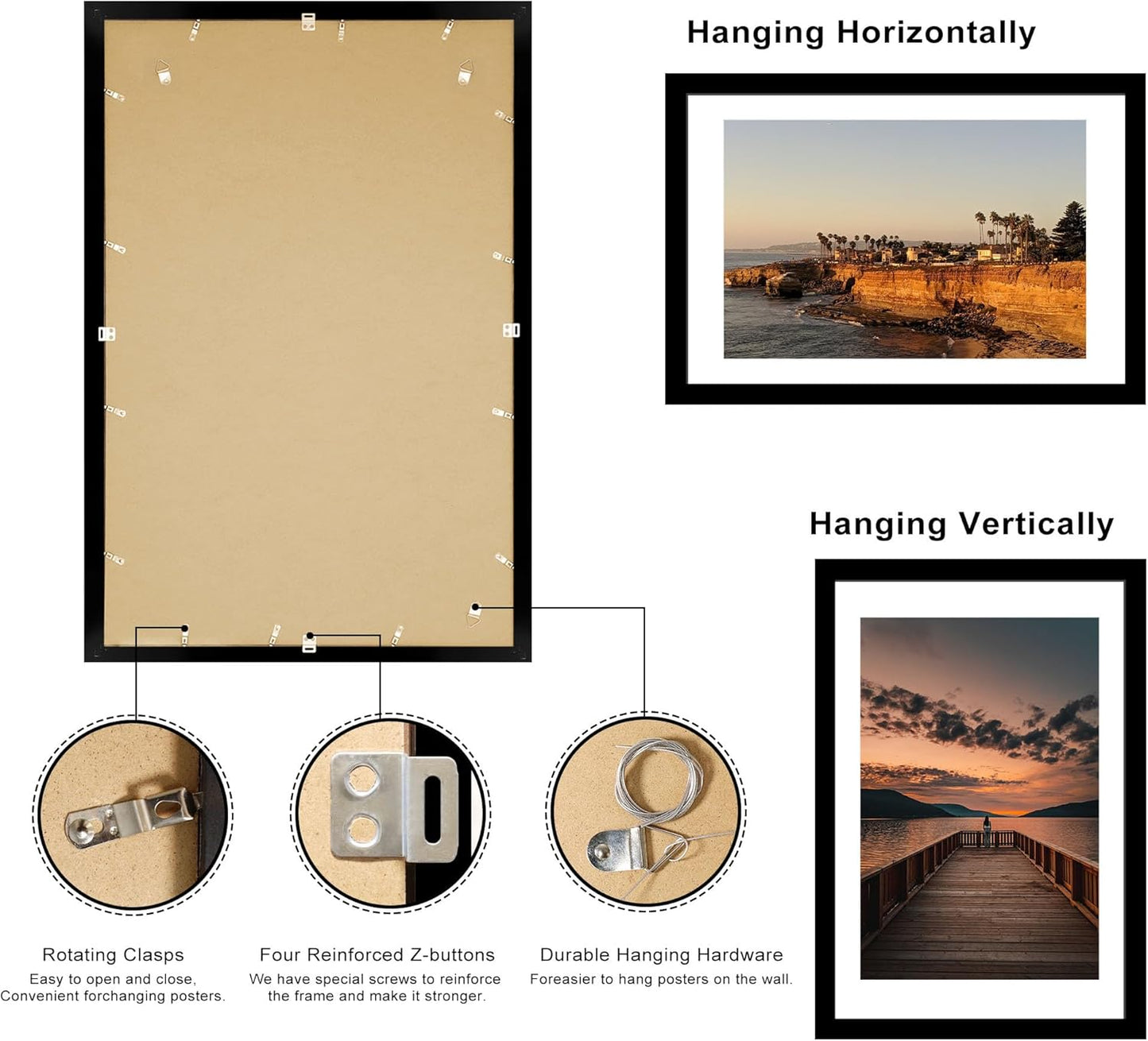 24x36 Poster Frame Set of 2, 24 x 36 Wood Picture Frames with Mat for 20x30