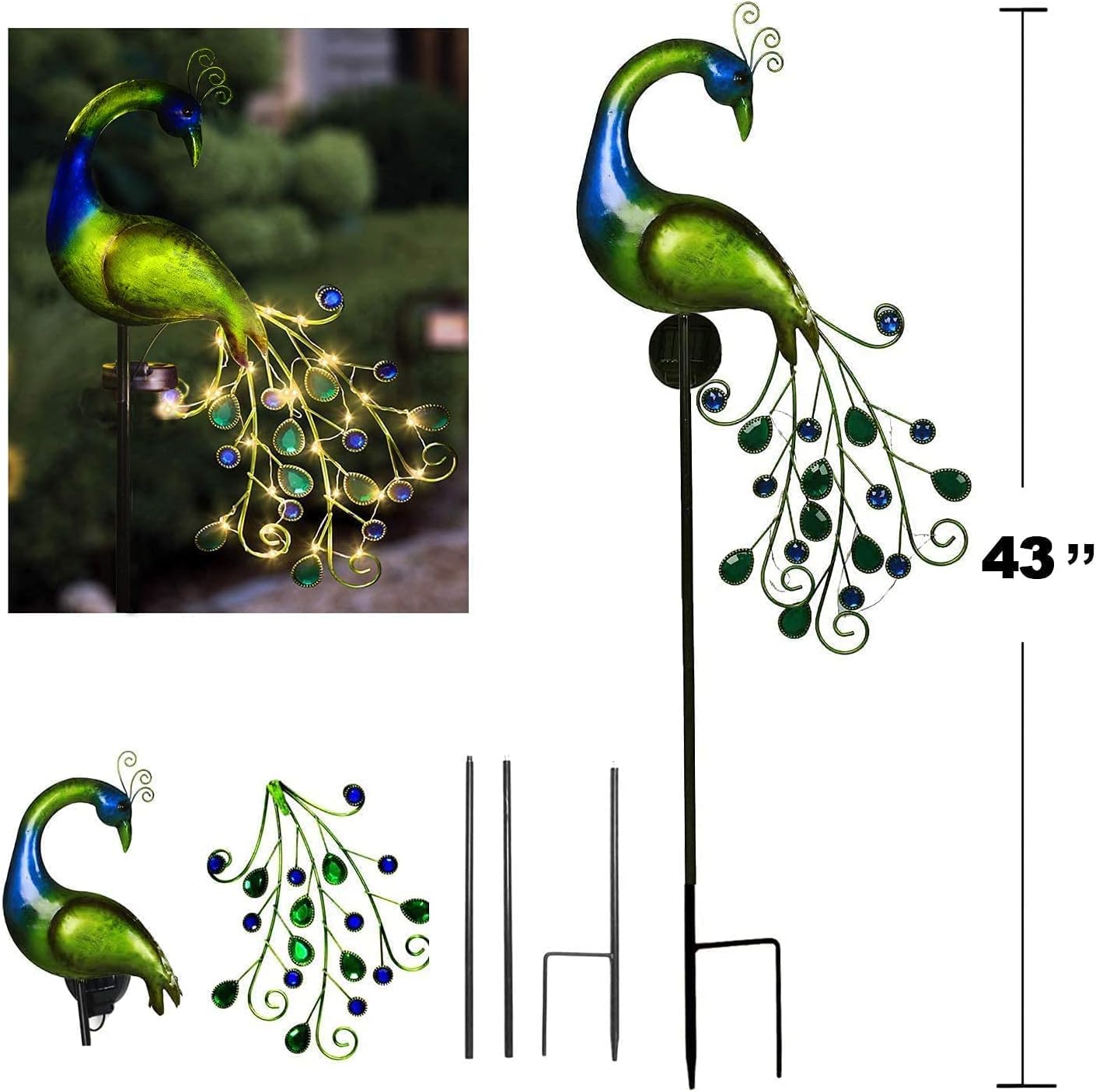 Solar Garden Lights Metal Peacock Garden Decor Waterproof Peacock Solar Stake