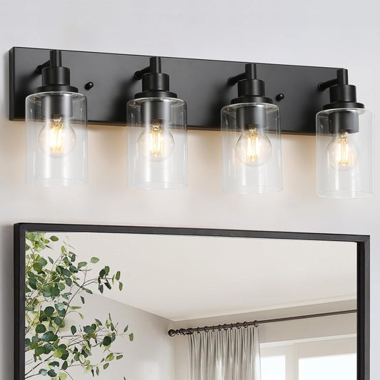 LOUSACE 4 Light Bathroom Vanity Light, Matte Black Bathroom Lighting Fixture