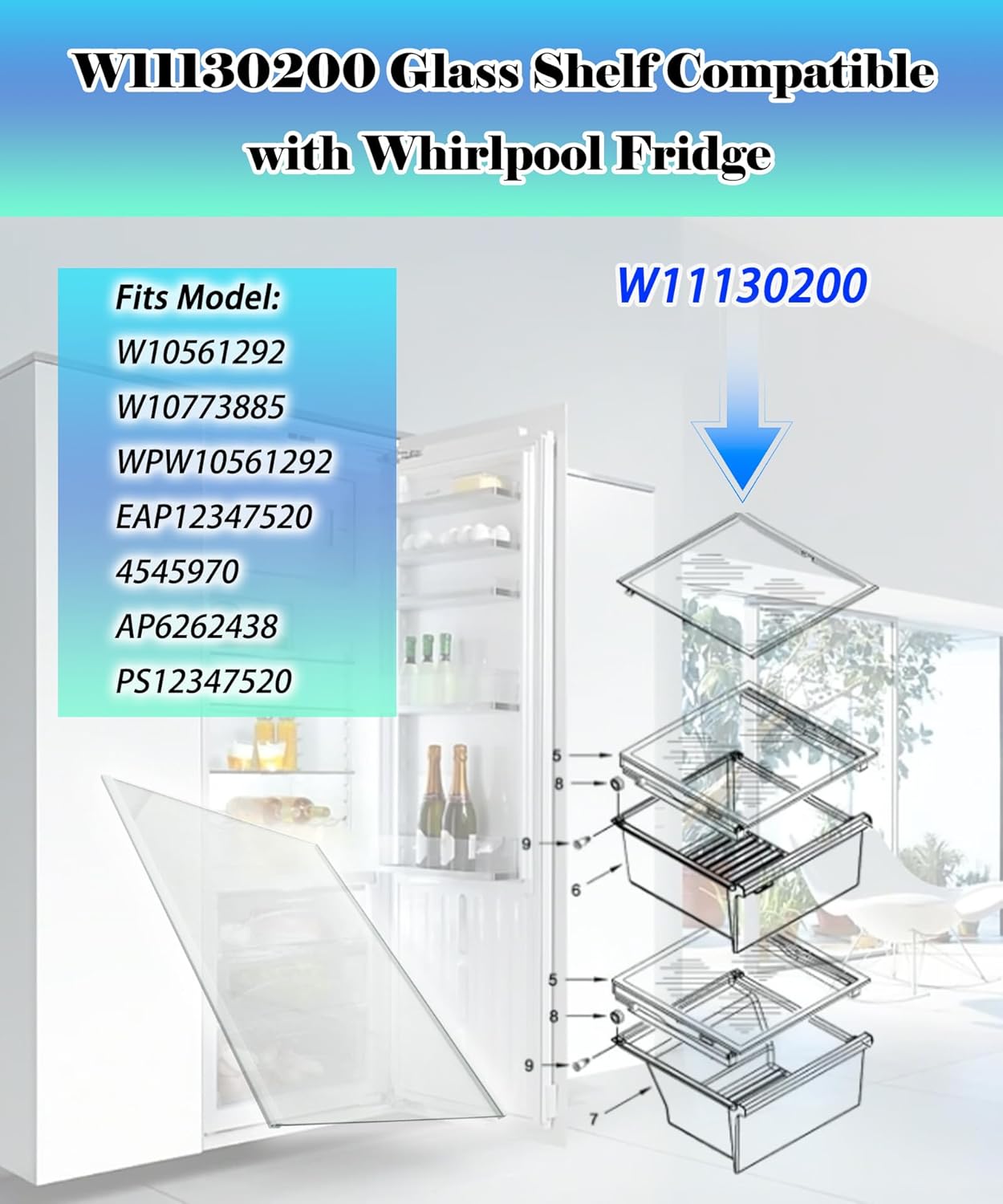 W11130200 Freezer Glass Shelf 17.5" X 13" Replacement Compatible with Whirlpool Freezer Shelf Replacement Refrigerator Glass