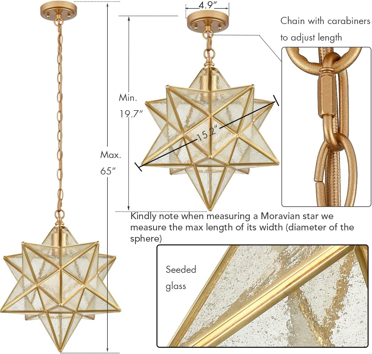 DAYCENT Moravian Star Light Fixture Modern Brass Seeded Glass Pendant