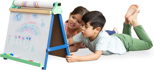 HearthSong 3-in-1 Folding Tabletop Easel with Chalkboard, Whiteboard, and Paper Roll Holder,