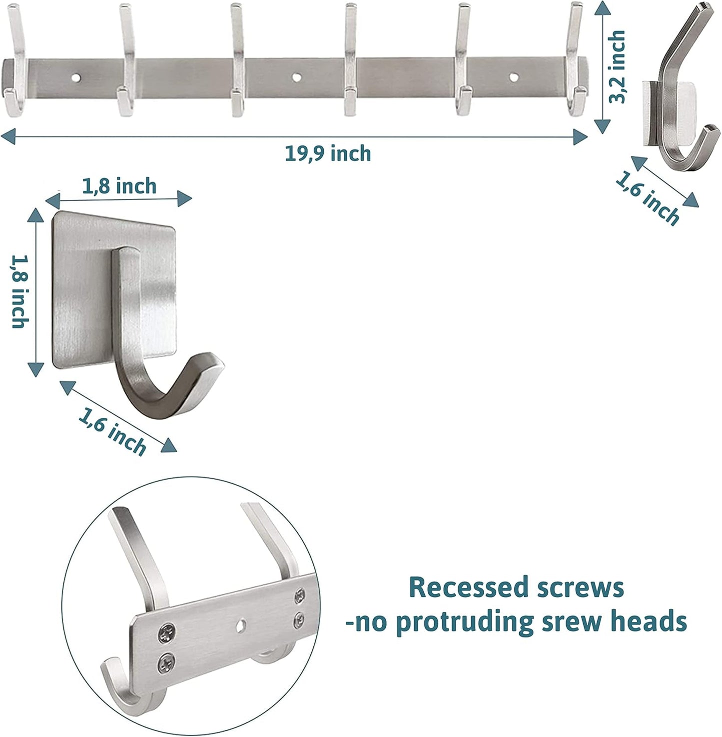 Coat Rack from Stainless Steel - Brushed Chrome - 43x8x3.8cm - Holds up to 30 kg - 6 Fixed Hooks