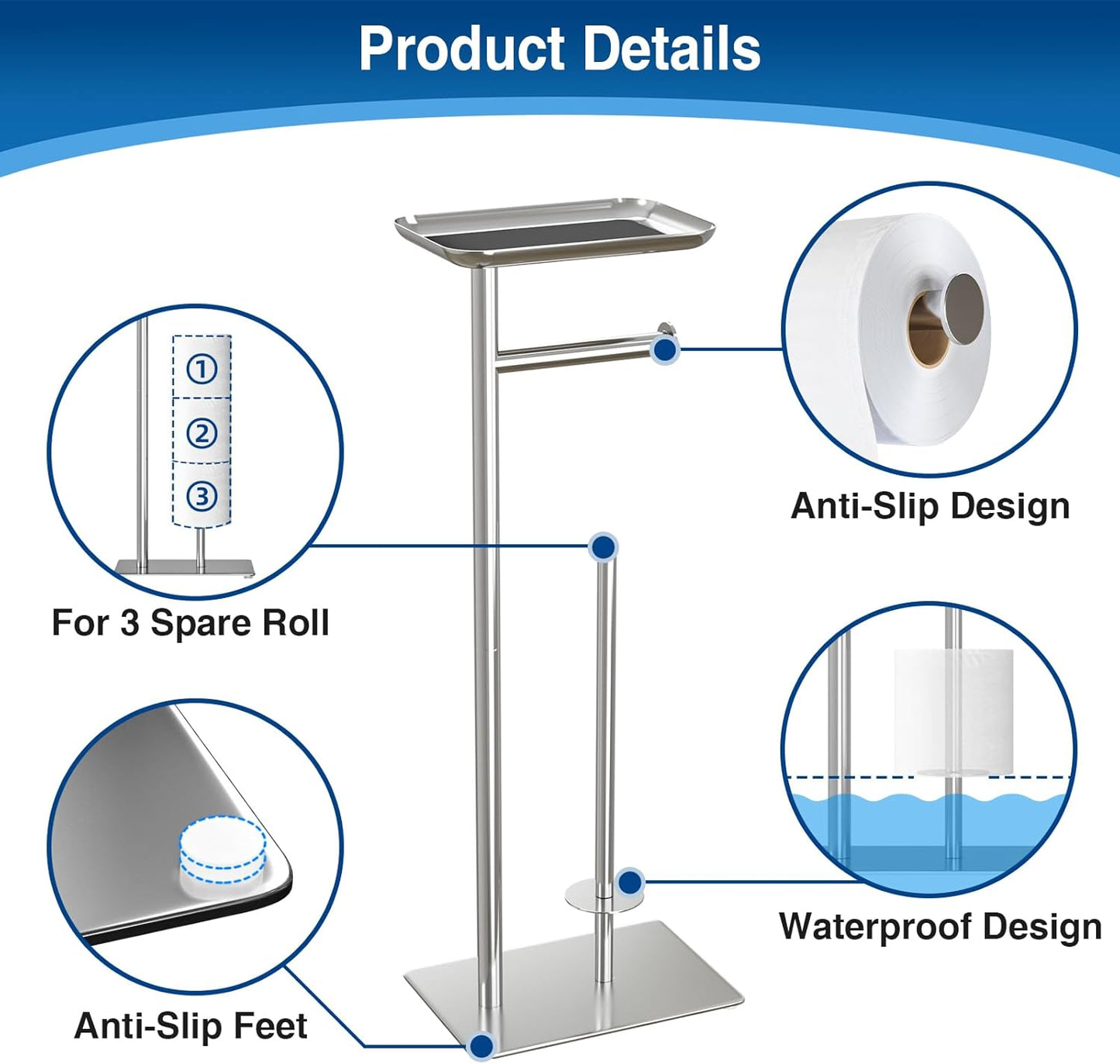 Toilet Paper Holder Stand with Top Storage Shelf, Free Standing Toilet Roll Dispenser