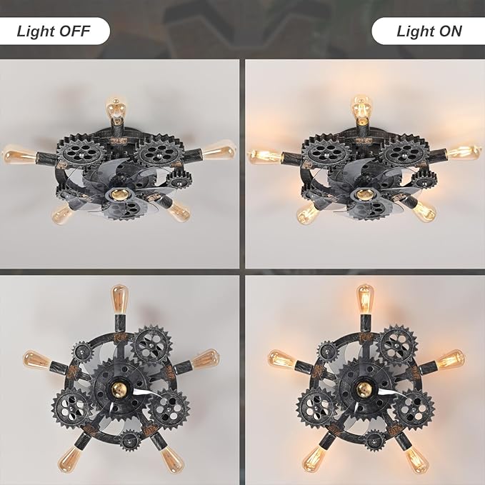 20" Retro Industrial Steampunk Ceiling Fans with Lights and Remote,Low Profile Flush Mount