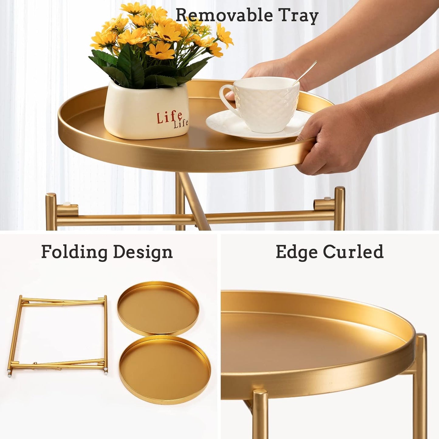 TeoKJ 2 Tier Gold Side Table, Folding Round Metal End Table Small Nightstand