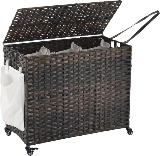 Laundry Hamper with Wheels, 52.8 Gallon(200L) Rolling Laundry Basket with Lid, 3-Section Rattan