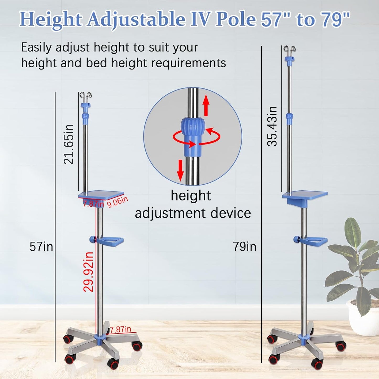 Medical IV Pole with Wheels - Stainless Steel Adjustable 57" to 79" Height IV Stand with Tray