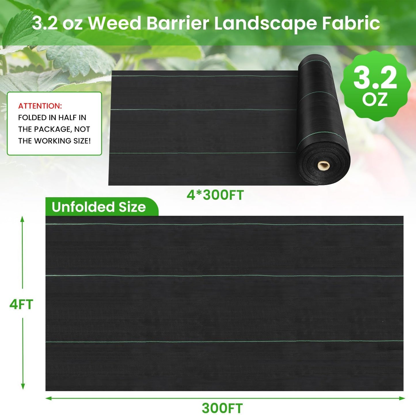 Rintea 4FTX300FT Weed Barrier Fabric, 3.2oz Landscape Fabric, Durable Weed Barrier Fabric
