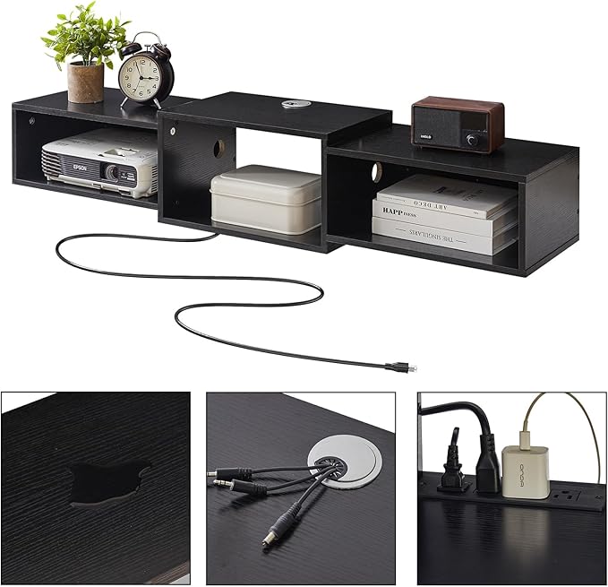 IBUYKE Floating TV Stand Wall Mounted with Power Outlet,Modern Wood Wall Mounted Media Shelf