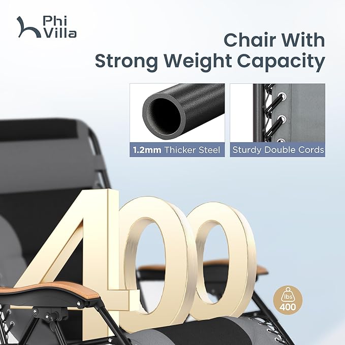 PHI VILLA XXL Oversized Padded Zero Gravity Chair, Foldable Patio Recliner